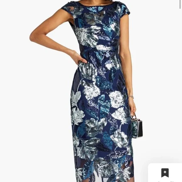 Marchesa Notte Blue Silver Sequin Floral Embellished Midi Dress 16 - Picture 2 of 6